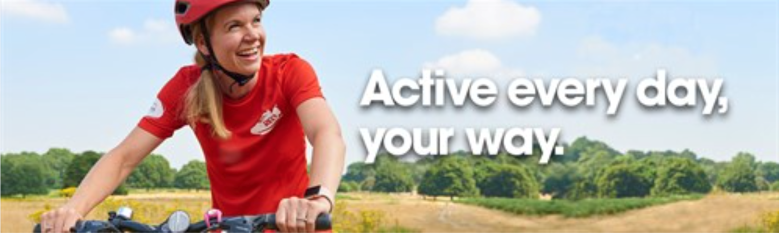 female riding in countryside, wearing red and with the words 'active every day, your way.'