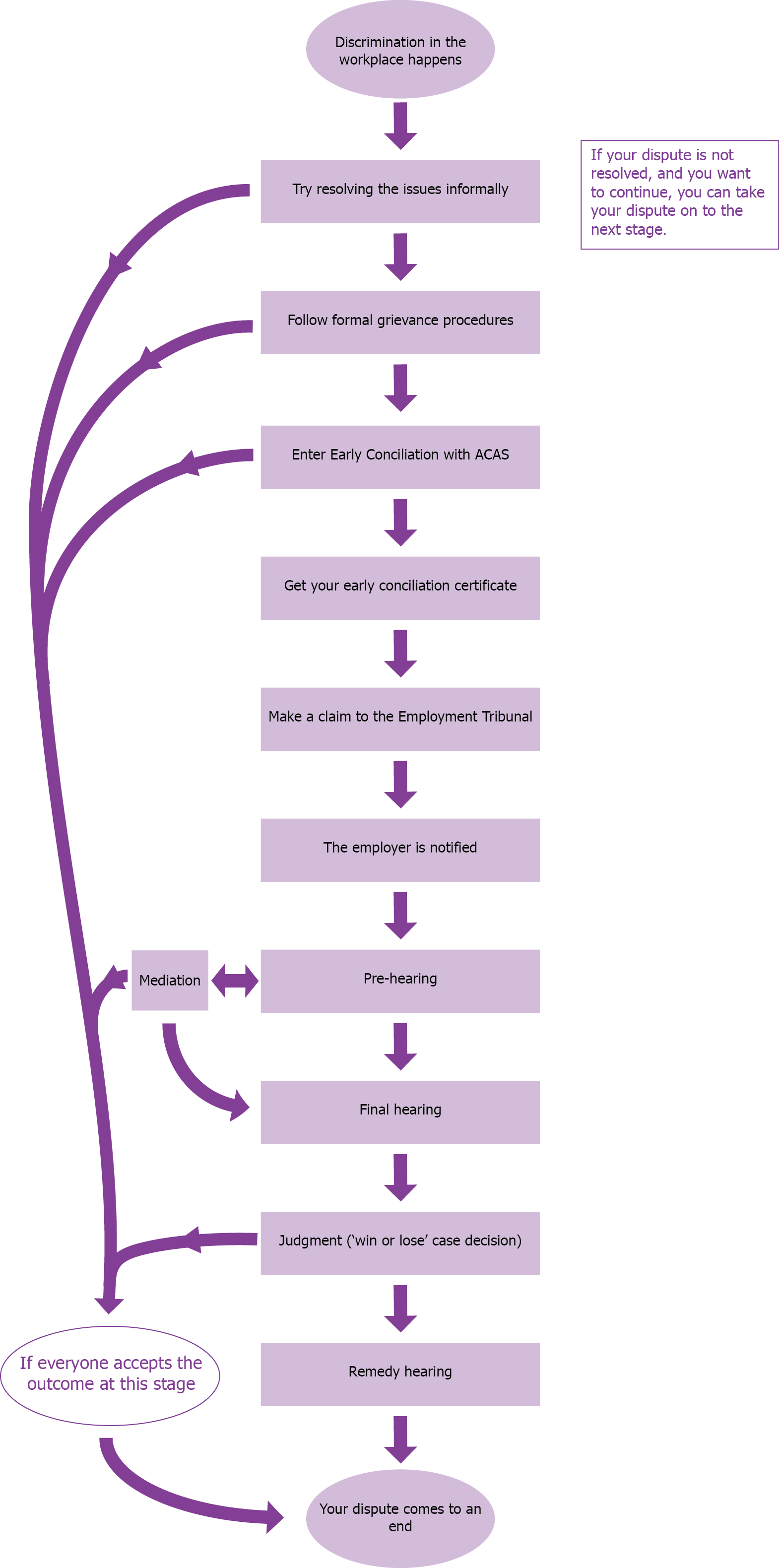 Flowchart showing the process of challenging workplace discrimination, as described below on this page.