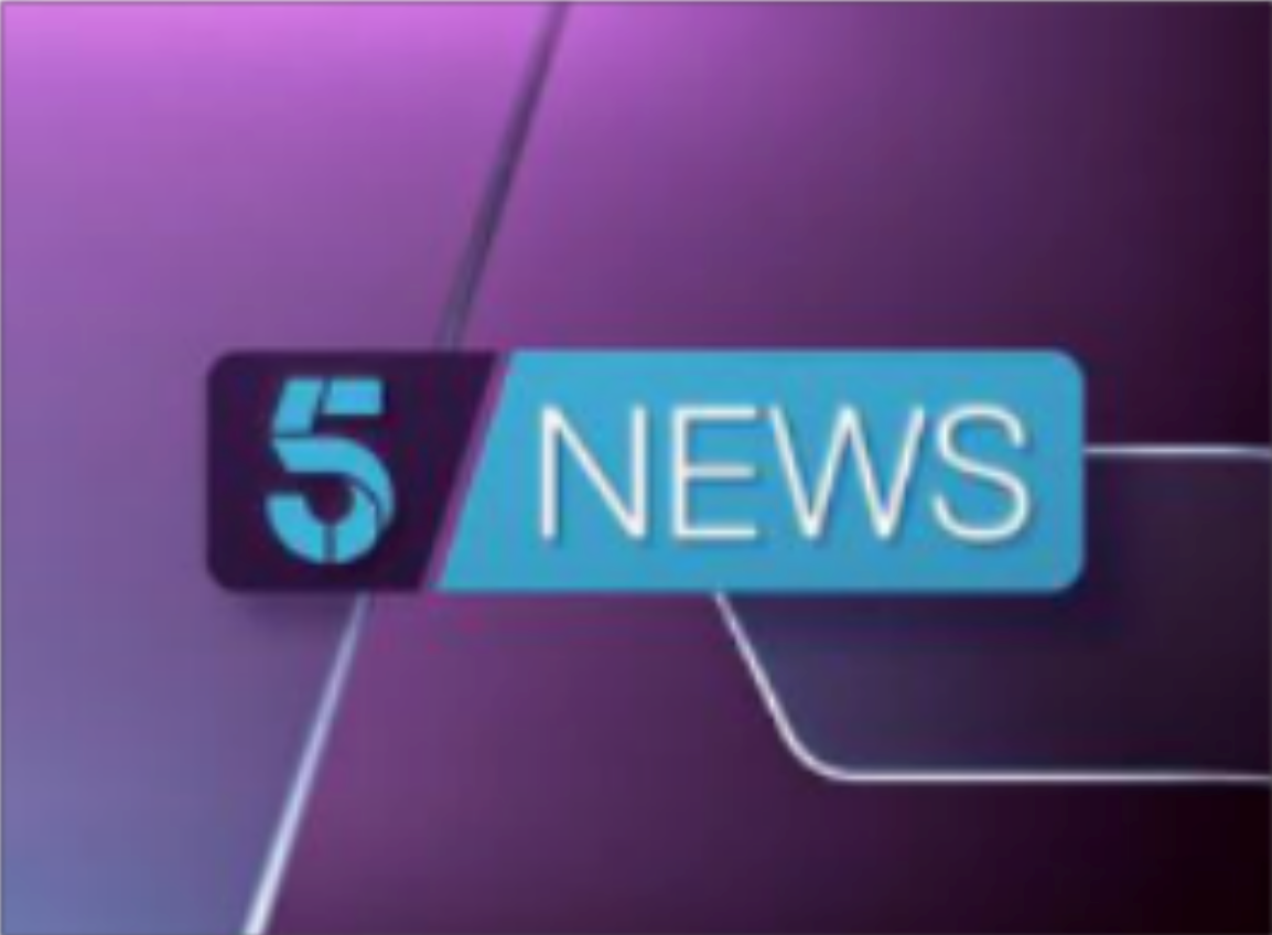 purple background and blue block writing for the 5 News Tonight logo