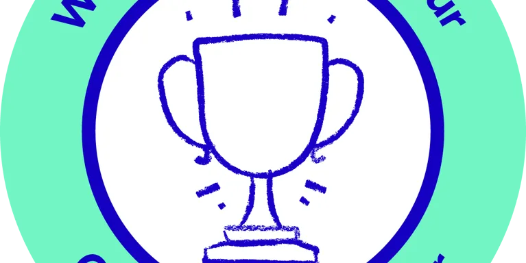 Bright green circle with blue text 'We chose Mind as our Charity of the Year'' with illustration of trophy Bright green circle with blue text 'We chose Mind as our Charity of the Year'' with illustration of trophy