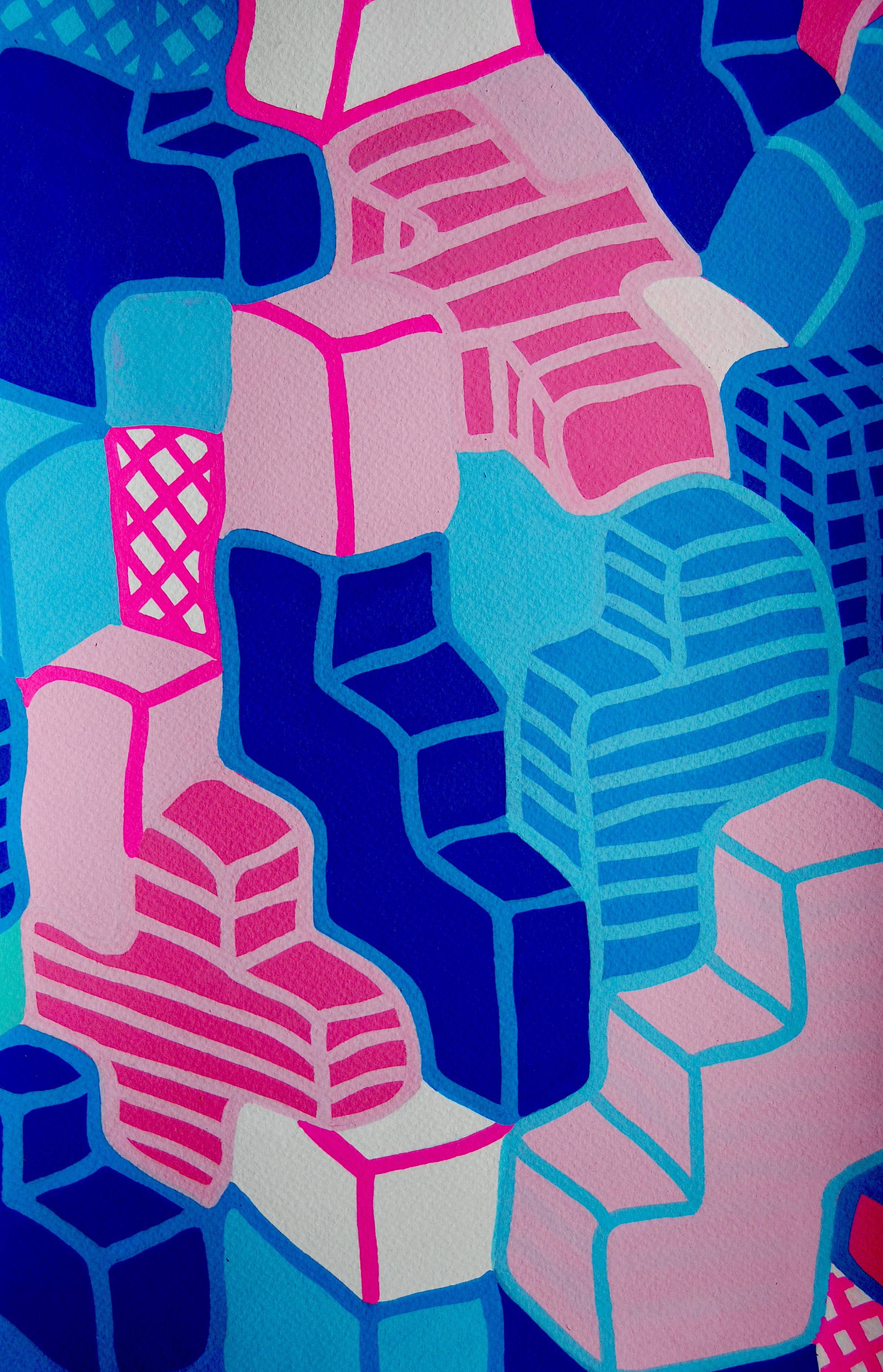 Ben Miners' artwork, depicting graphics in pinks, blues and white