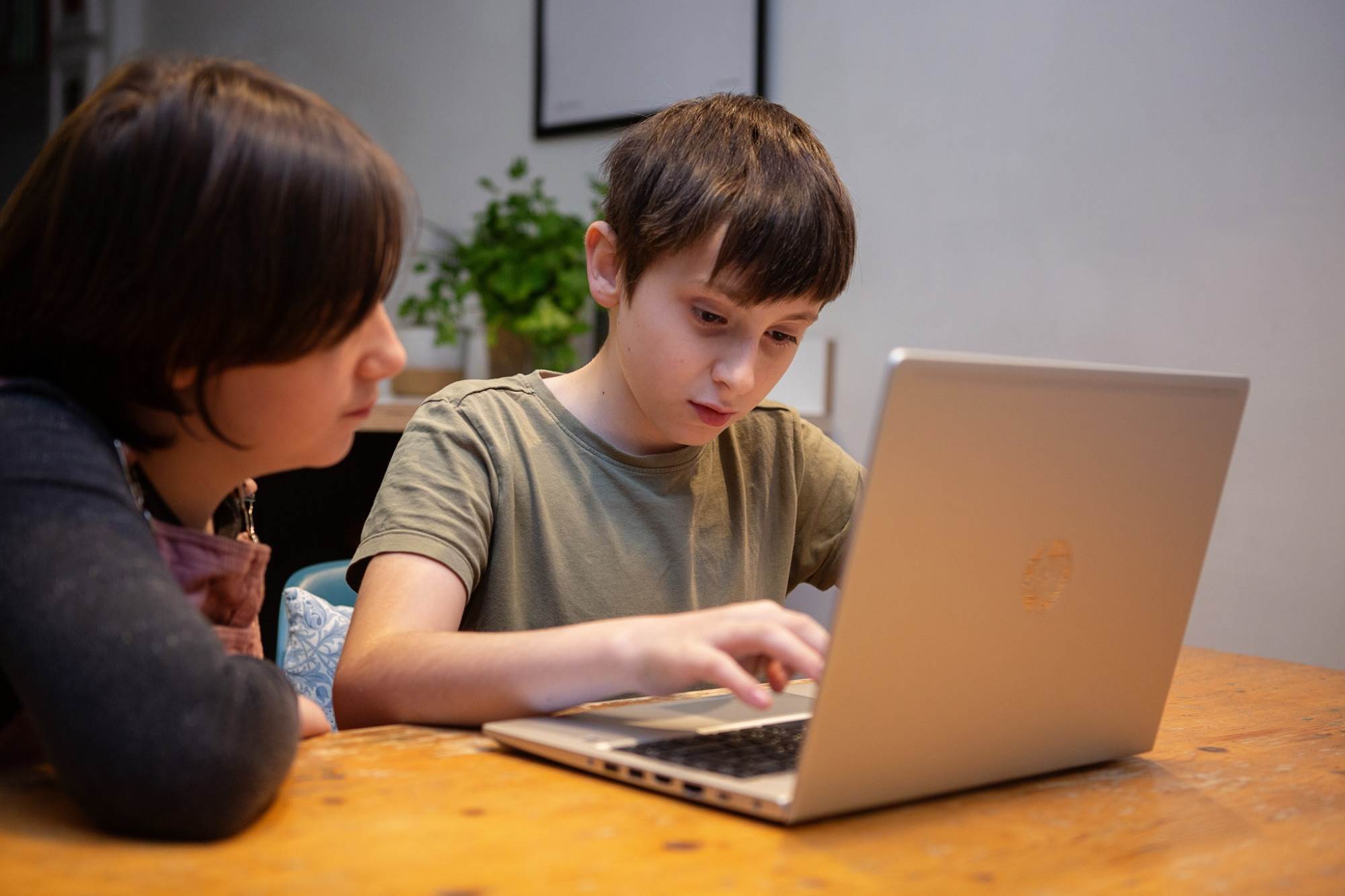 Two Young Boys Looking Pensive At Laptop At Kitchen Table