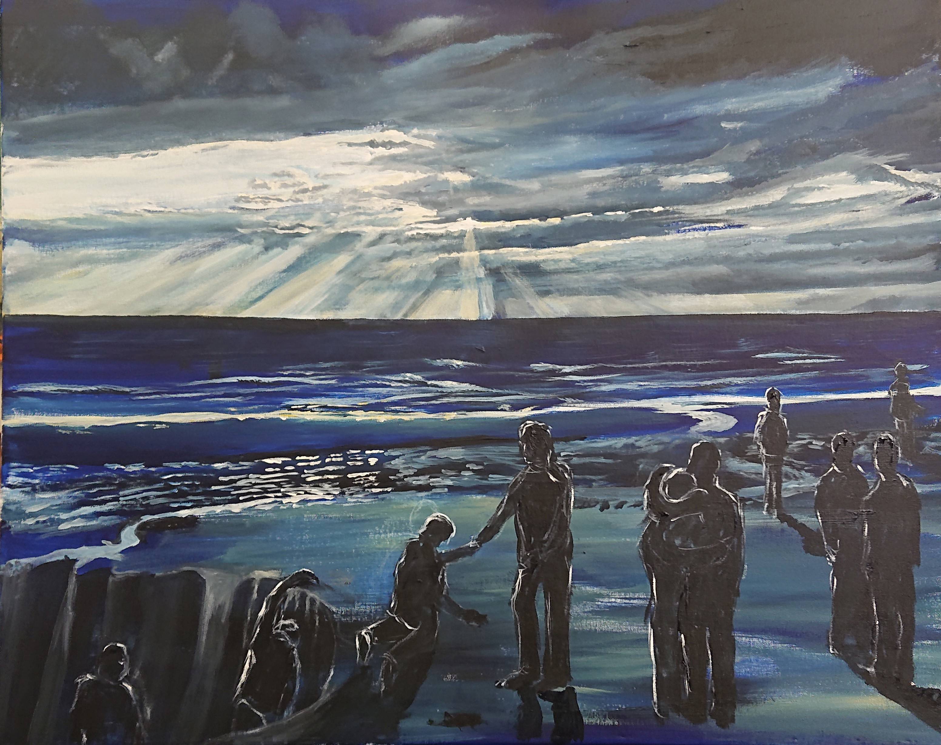 Andy Hollinghurst's artwork. People gather on a beach, which is cast in a blue shade. The sky is full of clouds with sunbeams streaming through.