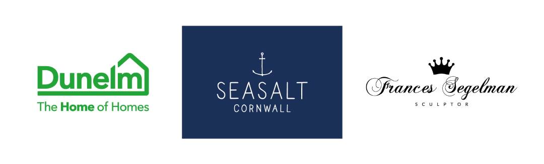 Logos of our three sponsors: Dunelm, Sea Salt Cornwall and Frances Segelman - Sculptor
