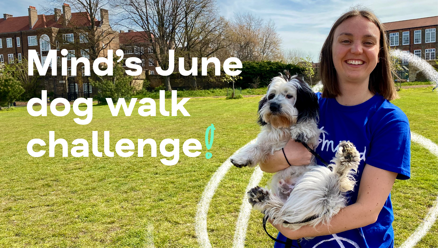 Mind's June Dog Walking Challenge - Picture of woman in Mind t-shirt holding a dog