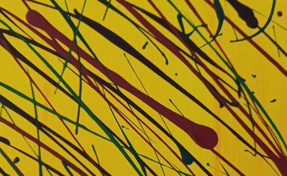 Mark Jepson's abstract art. This picture shows a bright yellow background with strokes of dark red and green criss-crossing the image.