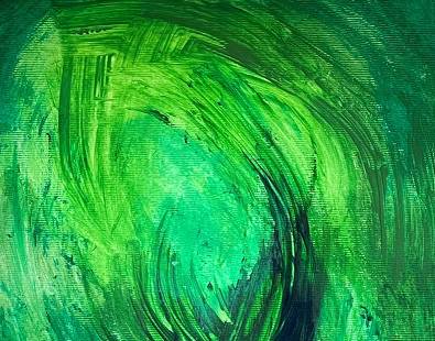 Jane Richards' abstract artwork, showing expressive brushstrokes of different shades of green.
