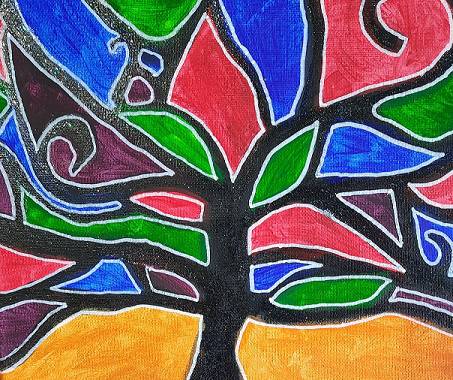 Amanda York's artwork shows a black tree with a red, green and blue background, made to look like a stained glass window.