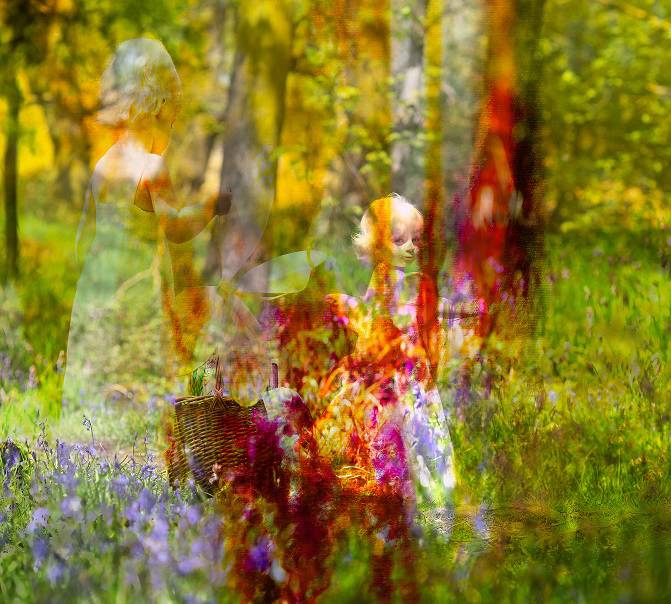 Alicja's artwork shows a young girl with a woman in a meadow - it's brightly lit with green grass and pink flowers.
