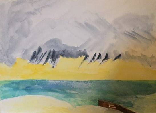 Ros Miskin's artwork shows the ocean under a yellow and grey sky - at the front of the image you can see the edge of a sandy beach.