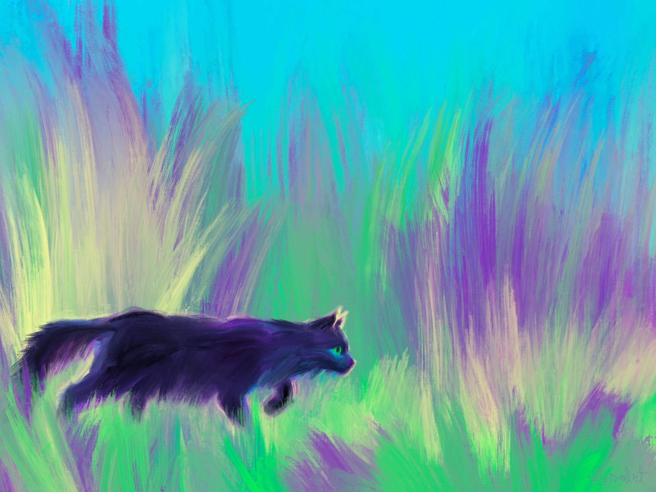 In Elisabet Driscoll's artwork, a dark purple cat with electric green eyes stalks through a field of grass.