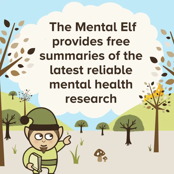 An illustrated woodland elf points to a text descriptor that reads 'The Mental elf provides free summaries of the latest reliable mental health research'