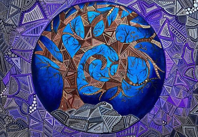 A painting of a tree in browns, blues, purples and greys