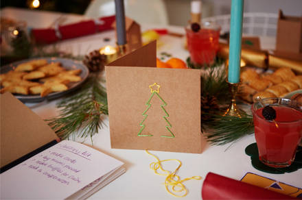 Messy craft table including stitch card at Christmas Crafternoon