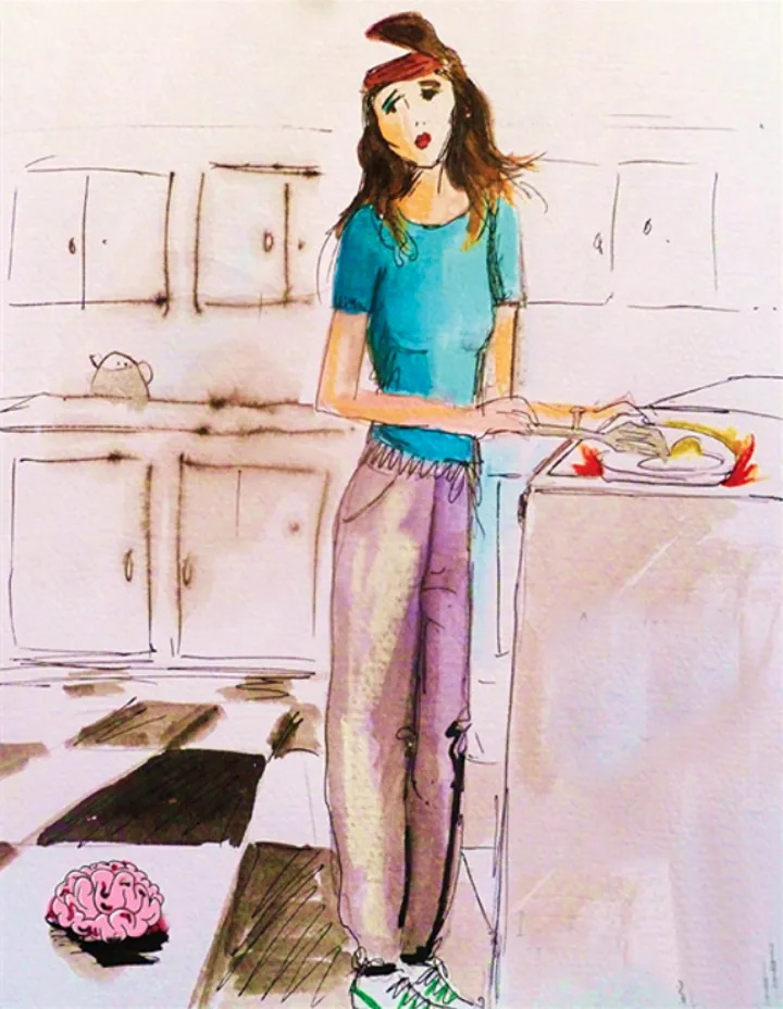 coloured sketch of female cooking in a kitchen looking sad, with her head open and brain on the floor