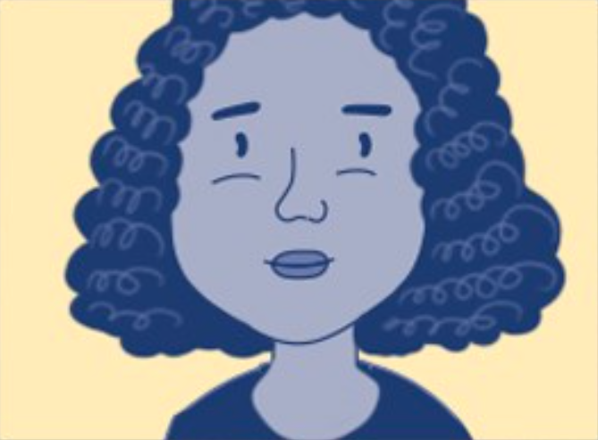 blue cartoon of young female, on a pale yellow background