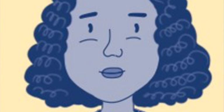 blue cartoon of young female, on a pale yellow background