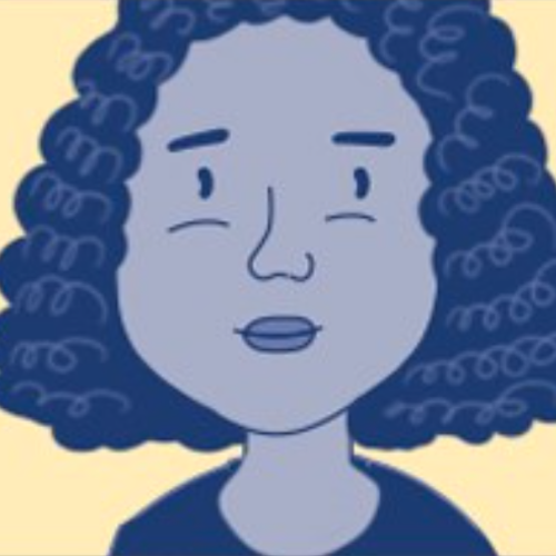 blue cartoon of young female, on a pale yellow background