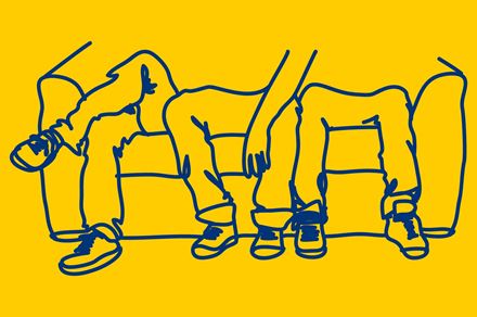 Line drawing of the legs of three people's sitting on a sofa