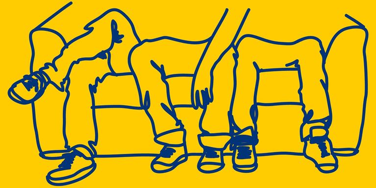 Line drawing of the legs of three people's sitting on a sofa