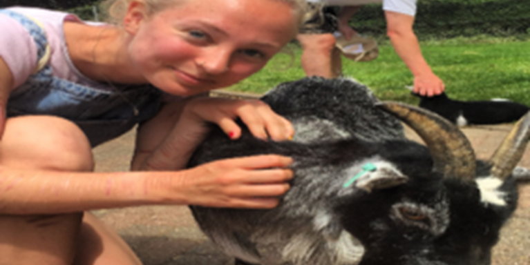Mellie is cuddling a goat 