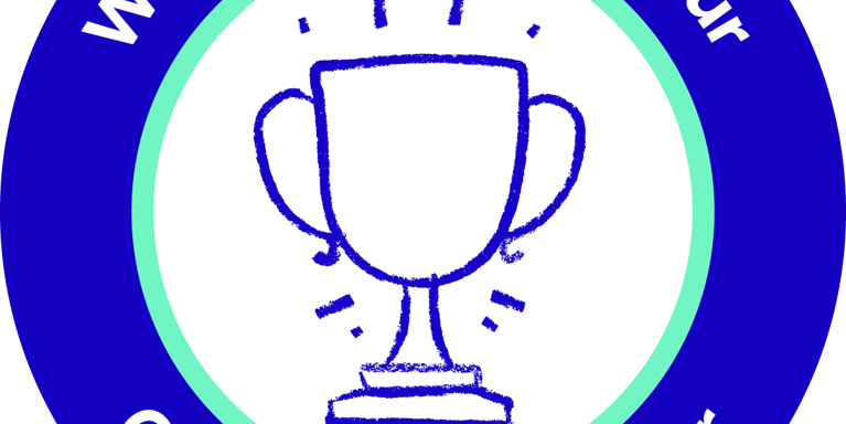 Blue circle with white text 'We chose Mind as our Charity of the Year' and illustration of trophy.