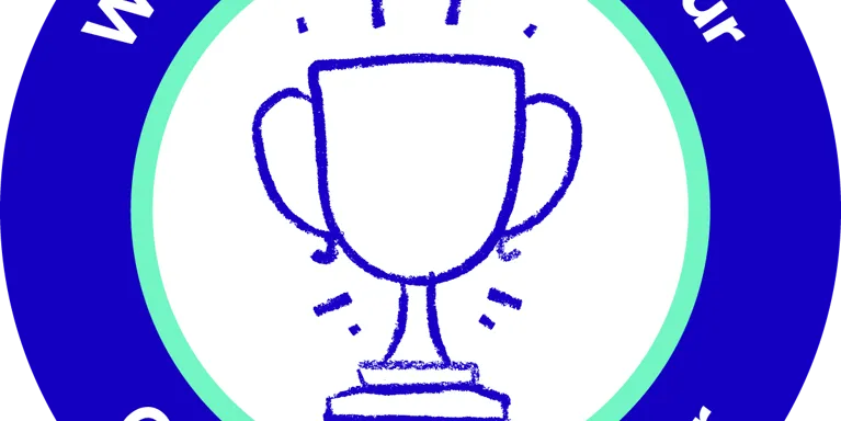 Blue circle with white text 'We chose Mind as our Charity of the Year' and illustration of trophy. Blue circle with white text 'We chose Mind as our Charity of the Year' and illustration of trophy.