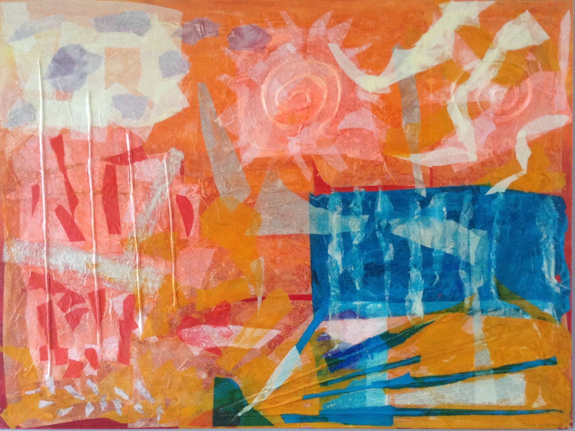Julia Williment's artwork shows lots of different textured materials and colours - it's mainly orange and yellow with patches of red, blue and white.