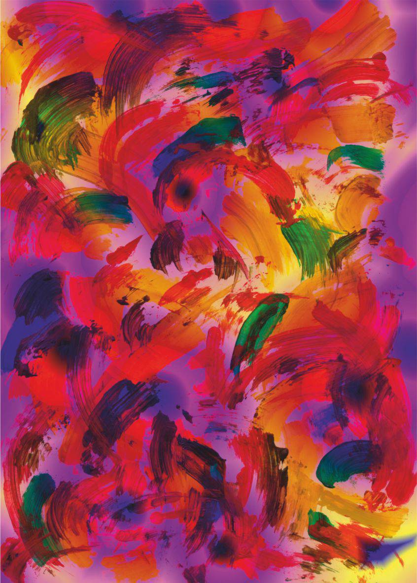 Stephen Brough's abstract artwork shows brushstrokes of different colours - red, dark blue, green and yellow on a purple background in a scattered pattern.