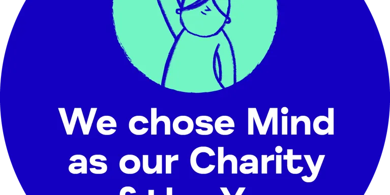Blue circle with white text 'We chose Mind as our Charity of the Year' and illustration of girl with hand in air. Blue circle with white text 'We chose Mind as our Charity of the Year' and illustration of girl with hand in air.