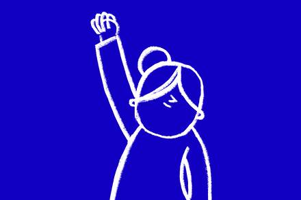 ILlustration of a person in a bun with their fist in the air in white on a bright blue background