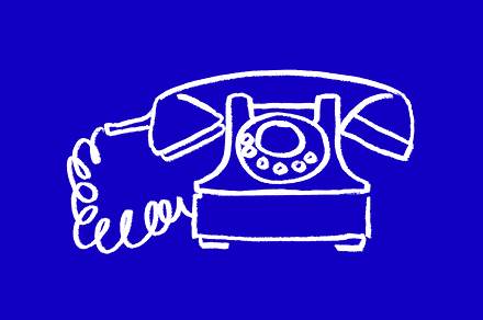 Illustration of a telephone with a cord in white on a bright blue background