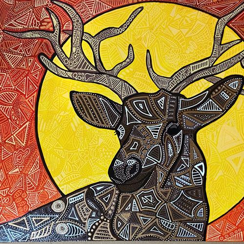  Beautiful Zentangle art by blogger Emily - a Brown and white deer against a big yellow sun and orange background.