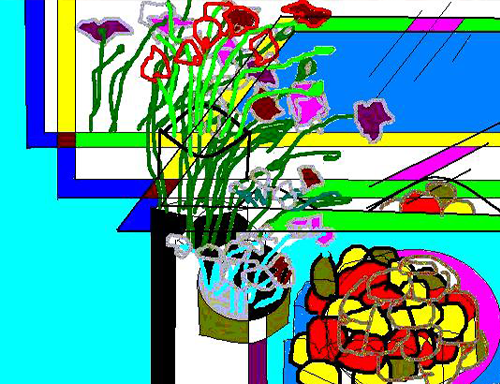 Andrew Voyce's artwork uses vivid colours and geometric shapes - the background is mainly blue, with abstract depictions of flowers on top.