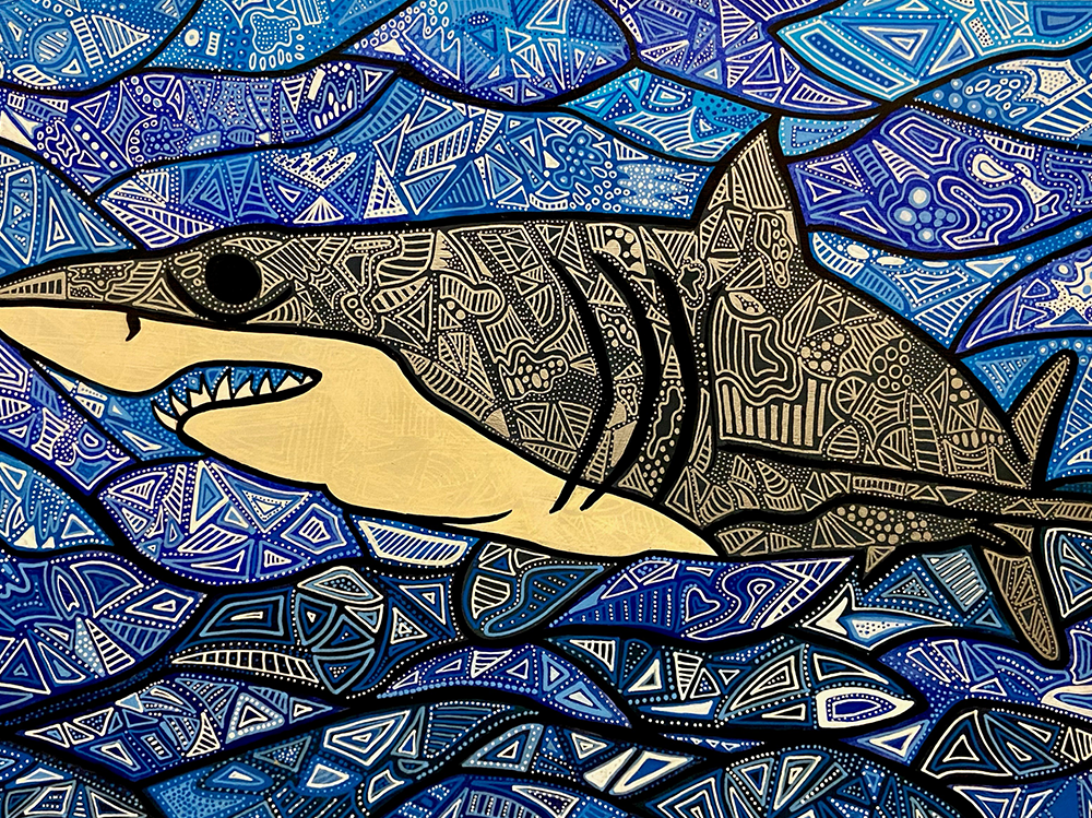 Emily Paine's artwork shows a shark on a blue background - both are filled with geometric patterns.