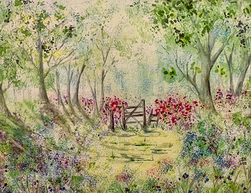 Lorraine Hargraves' artwork. A picture of a gate in a flowered meadow, surrounded by dappled trees.