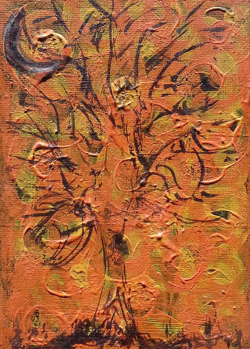 Natalie Spencer's artwork depicts a tree with swirling leaves - the background is orange and the tree is dark brown and yellow.