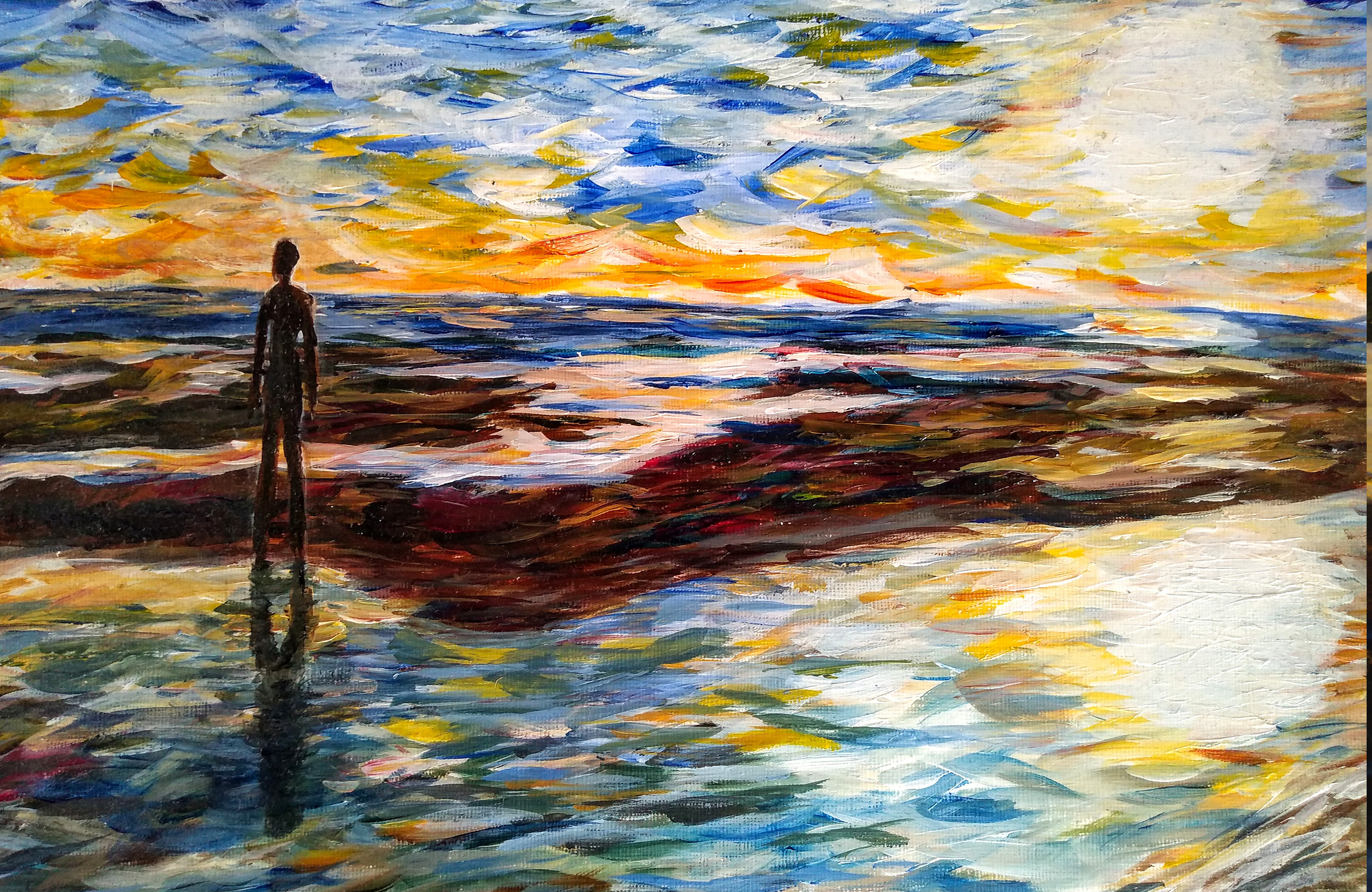 In Clare Angell's artwork, a figure stands at the shore of the ocean, with a bright yellow sun reflecting the waves around them.
