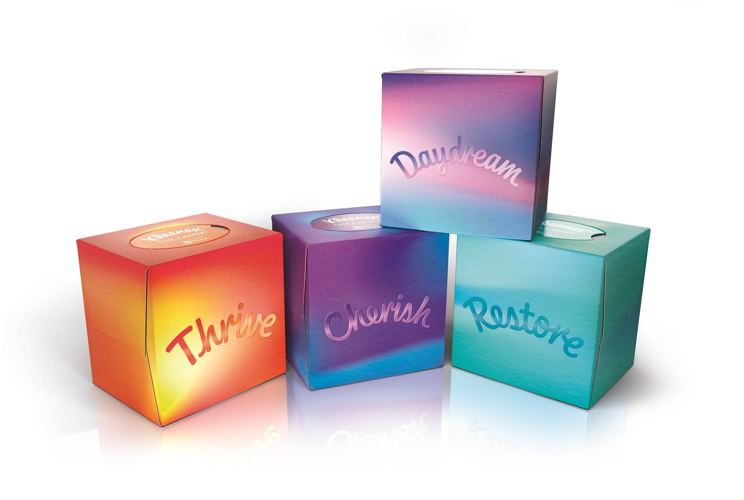 Four different colour packs of Mind branded Kleenex