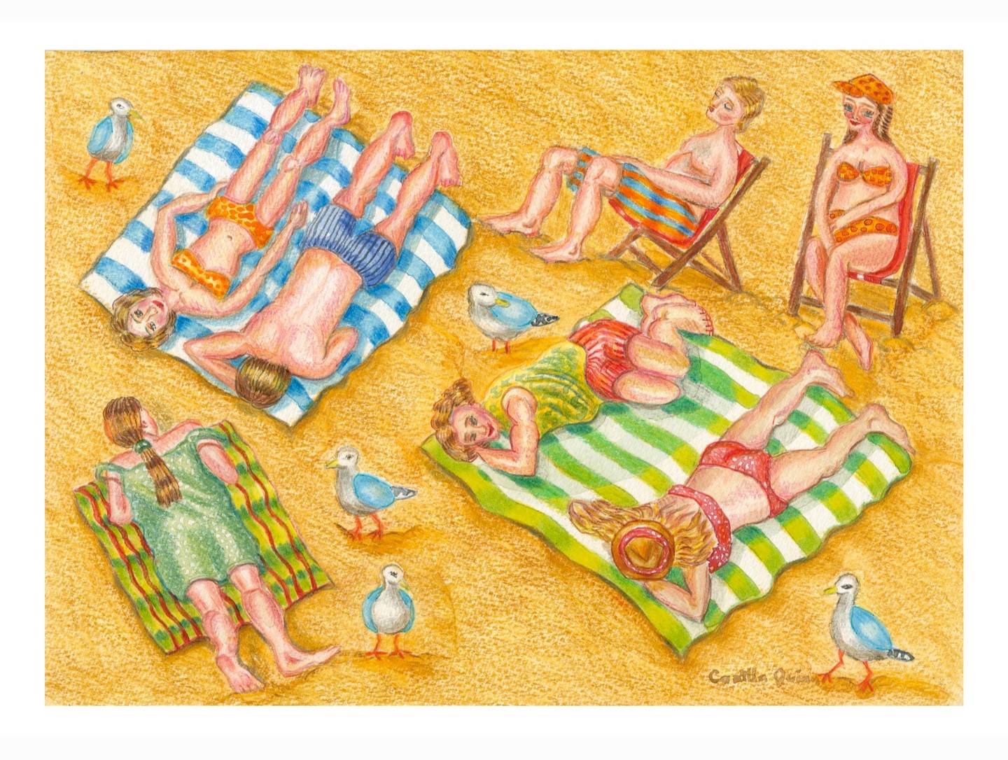 This artwork shows people sunbathing on a beach, some in deckchairs, some lying on towels on the sand.