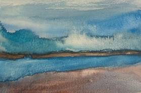 Siobhan Kelly's artwork shows blue waves on the edge of light brown.