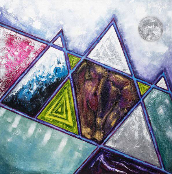 Burgette Matthews' artwork. An abstract piece showing the moon and different coloured triangular shapes.