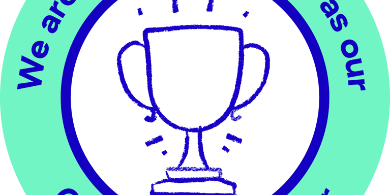 Bright green circle with blue text 'We are supporting Mind as our Charity of the Year' and illustration of trophy.