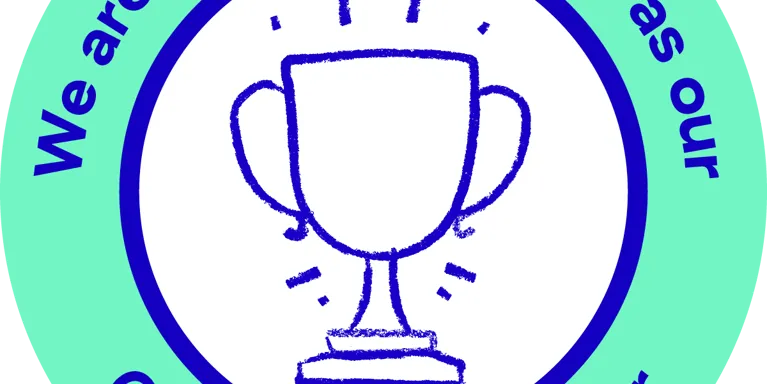 Bright green circle with blue text 'We are supporting Mind as our Charity of the Year' and illustration of trophy. Bright green circle with blue text 'We are supporting Mind as our Charity of the Year' and illustration of trophy.