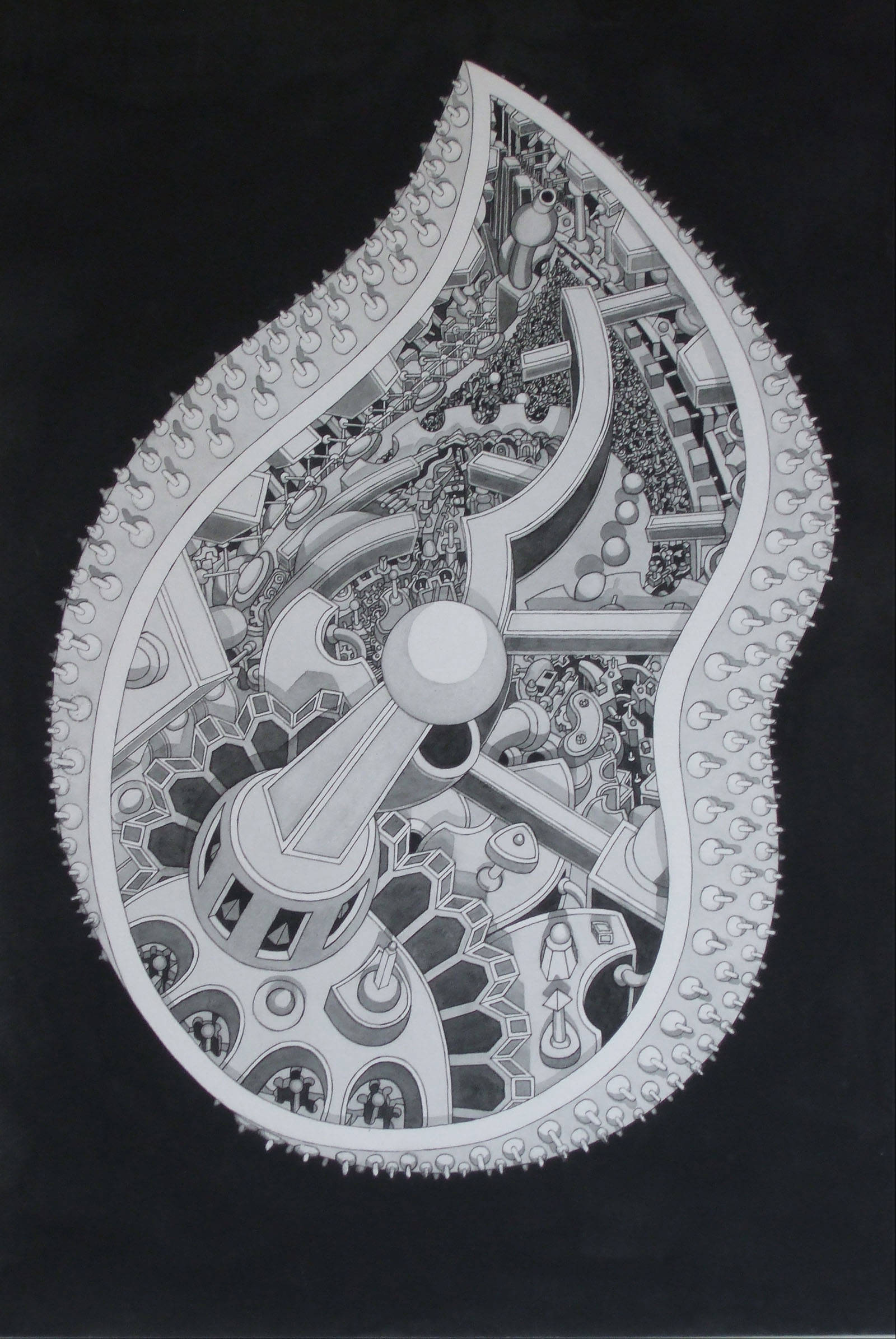 A hyper realistic drawing of a pear shaped item adorned with shapes within
