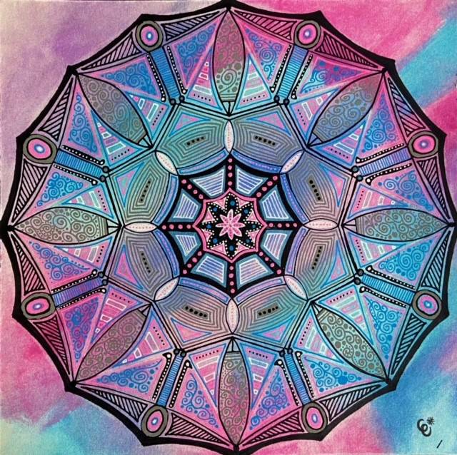 A painting of a geometric pattern in pinks, blues, greens and black