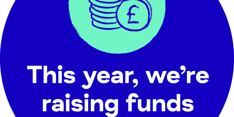 Blue circle with white text 'this year we're raising funds for Mind'' with illustration of coins
