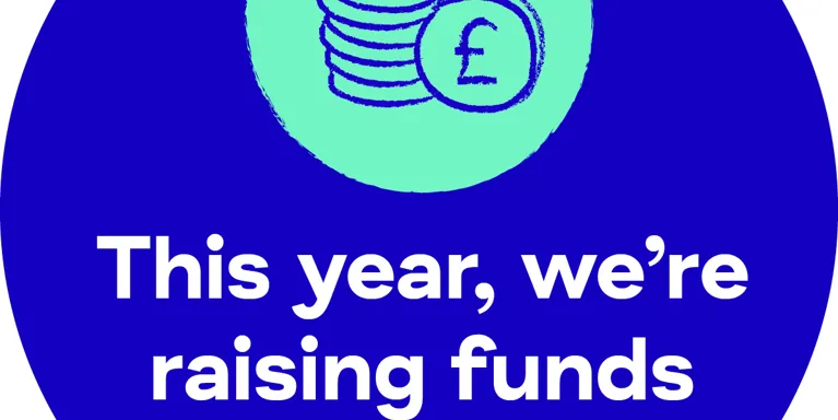 Blue circle with white text 'this year we're raising funds for Mind'' with illustration of coins Blue circle with white text 'this year we're raising funds for Mind'' with illustration of coins