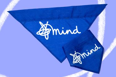 Blue triangular pet bandana, featuring the white Mind logo. On a light purple background.