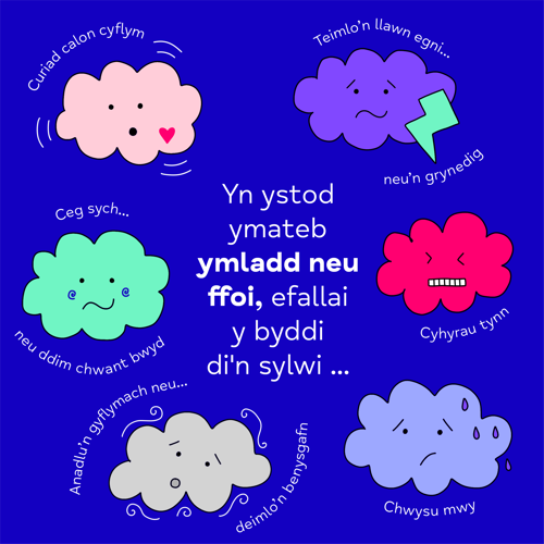 Mae'r llun yn dangos restr o sut gall ymateb ymladd neu ffoi teimlo yn dy gorff.
